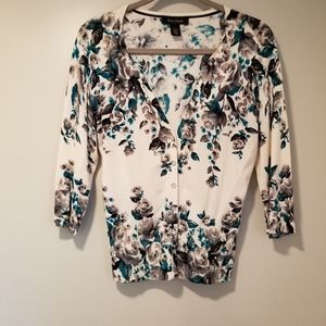 WHBM Floral V-neck Cardigan 3/4 Sleeve w/ Buttons